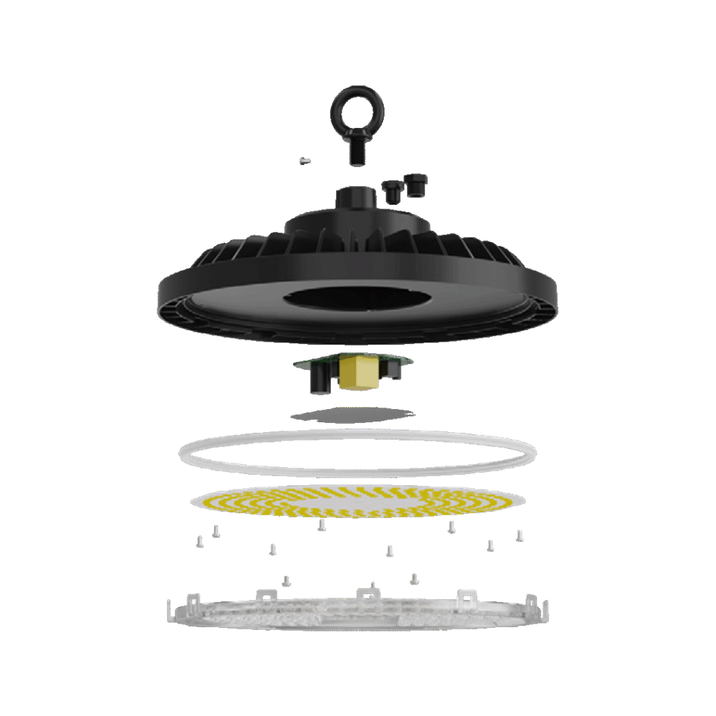 SKYE G2 - LED UFO HIGHBAY - LED Lights + Fittings - South Africa Exploded view of the Skye G2 LED UFO highbay showing its internal components