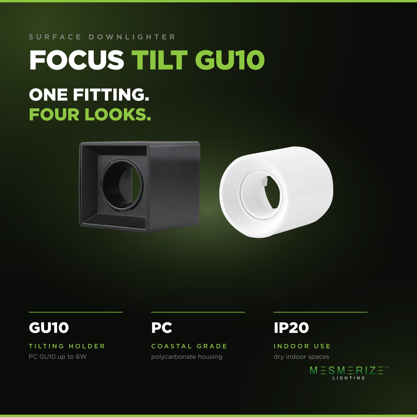 Focus Tilt GU10 Polycarb Surface Downlighter - LED Lights + Fittings - South Africa Focus tilt GU10 surface downlighter in square black and round white