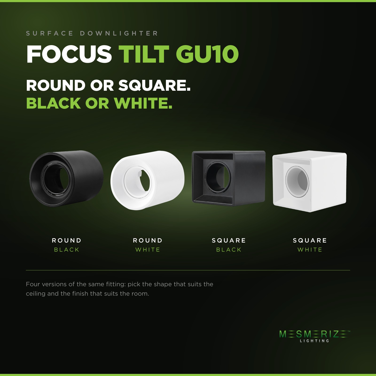 Focus Tilt GU10 Polycarb Surface Downlighter - LED Lights + Fittings - South Africa Focus tilt GU10 surface downlighter in round and square, black and white