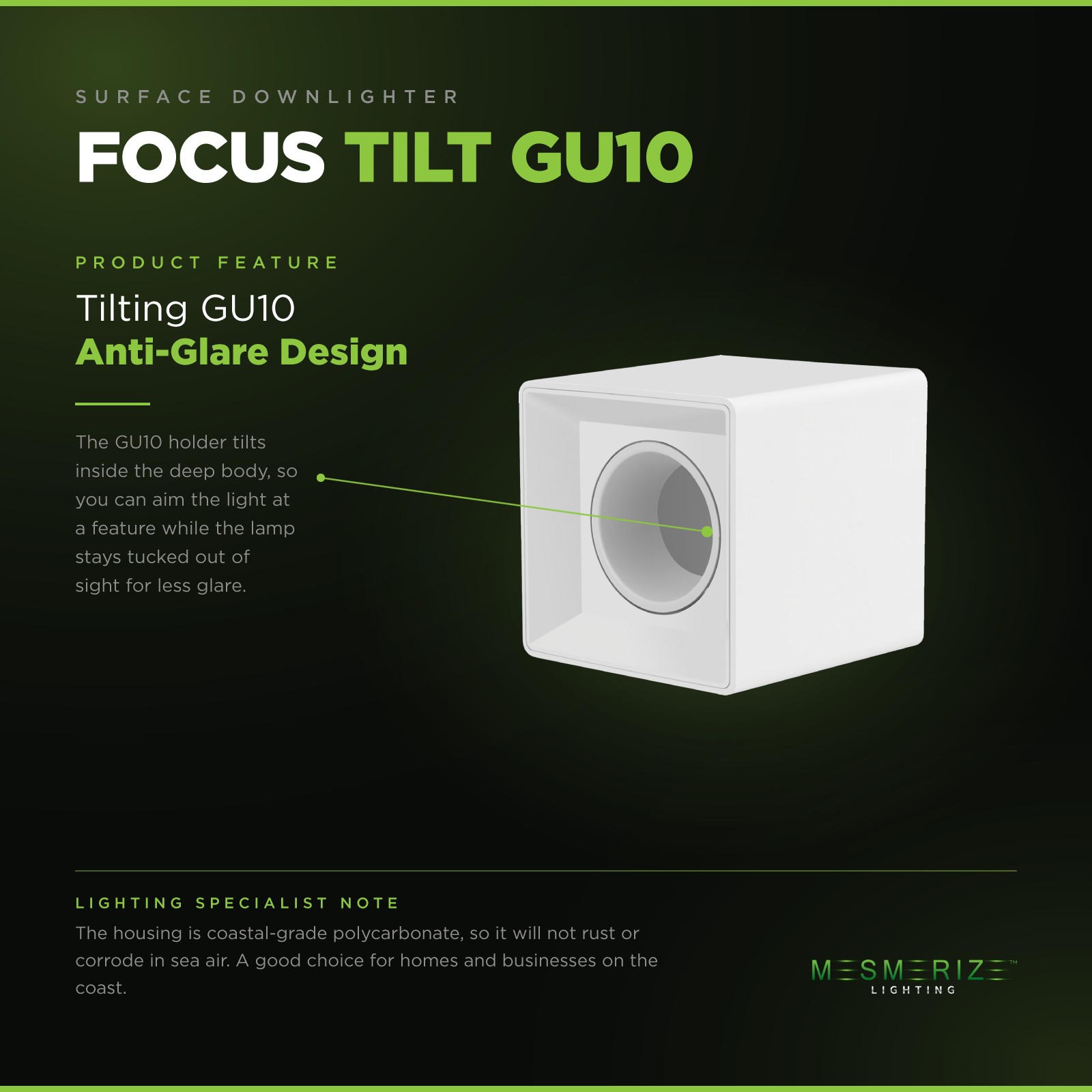 Focus Tilt GU10 Polycarb Surface Downlighter - LED Lights + Fittings - South Africa Focus tilting GU10 holder inside the deep anti-glare body