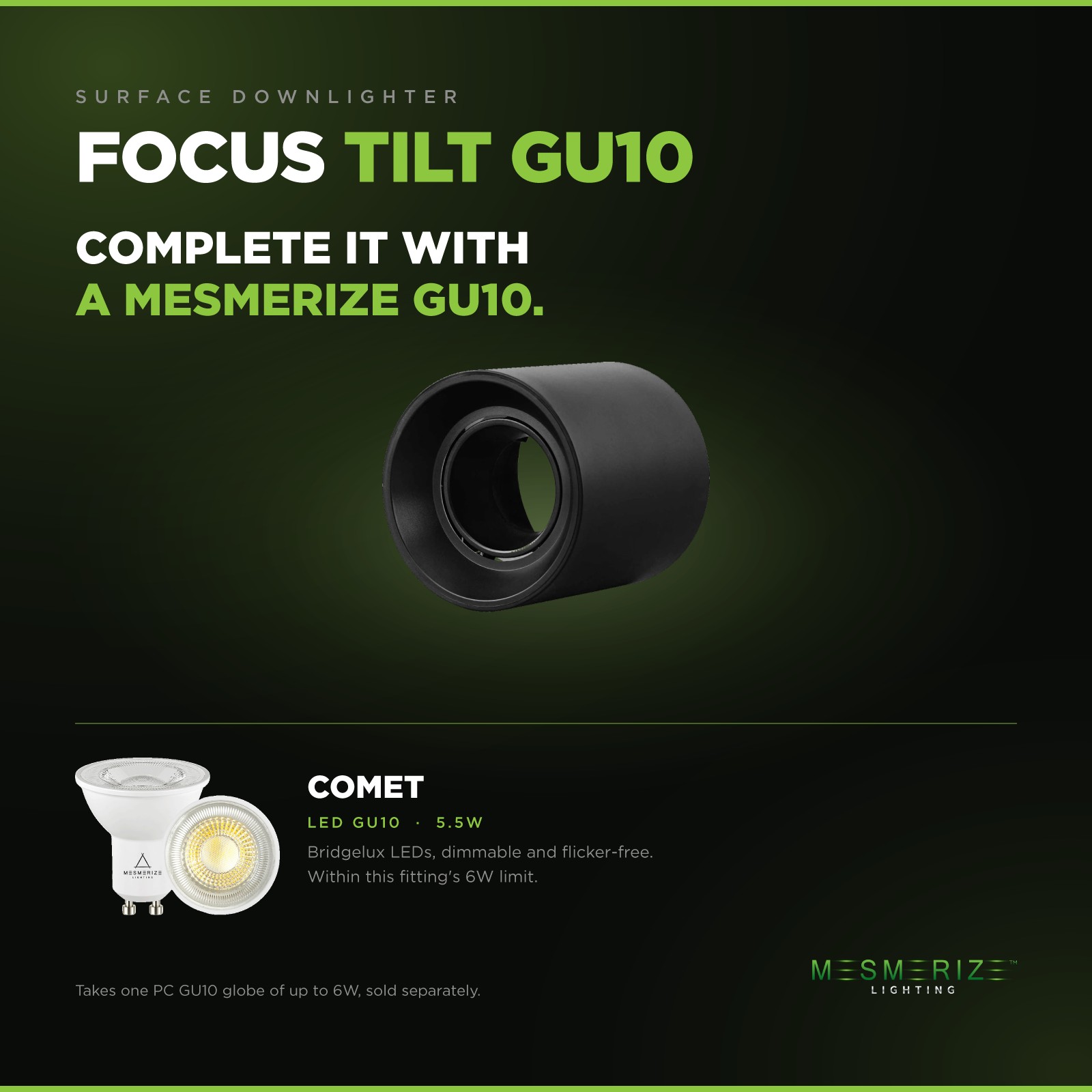 Focus Tilt GU10 Polycarb Surface Downlighter - LED Lights + Fittings - South Africa Focus surface downlighter paired with the Mesmerize Comet LED GU10